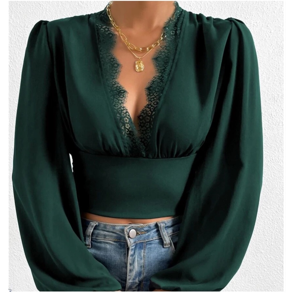 Plunging Neck Lace Bishop Long Sleeve Lace Cropped top - Picture 9 of 10